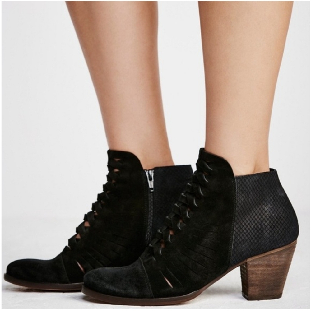 Free People Loveland Booties Suede Leather Ankle Boots Braided Cut Outs Black 38